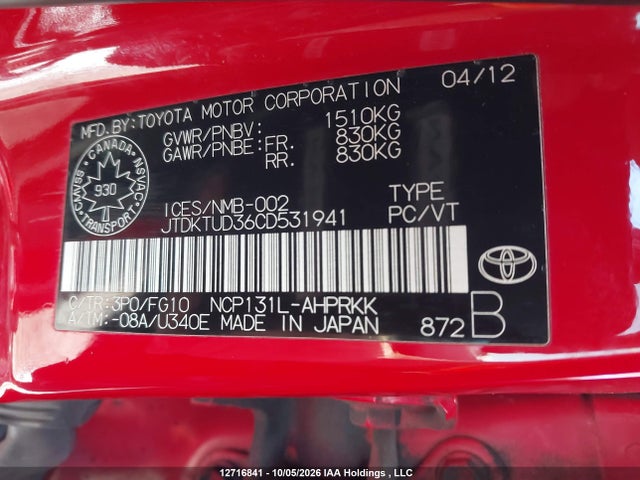 12716841 :رقم المزاد ، JTDKTUD36CD531941 vin ، 2012 Toyota Yaris Le مزاد بيع