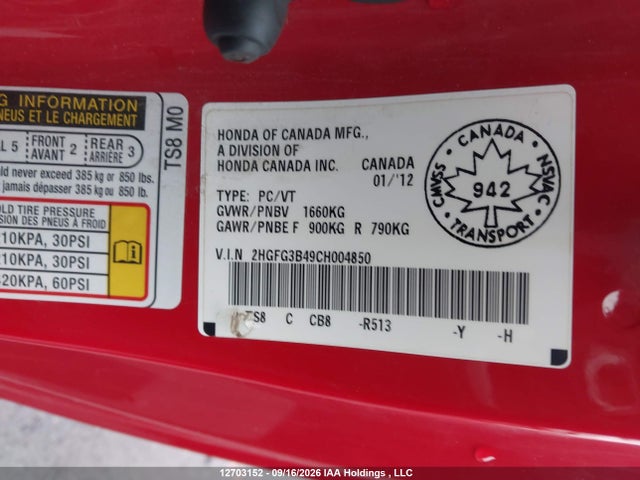 12703152 :رقم المزاد ، 2HGFG3B49CH004850 vin ، 2012 Honda Civic Lx مزاد بيع
