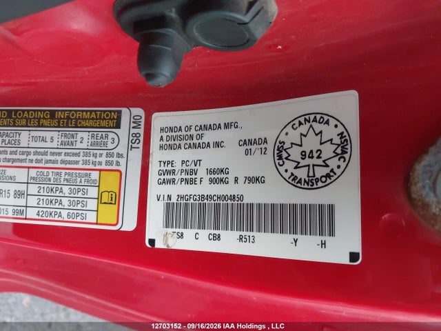 12703152 :رقم المزاد ، 2HGFG3B49CH004850 vin ، 2012 Honda Civic Lx مزاد بيع