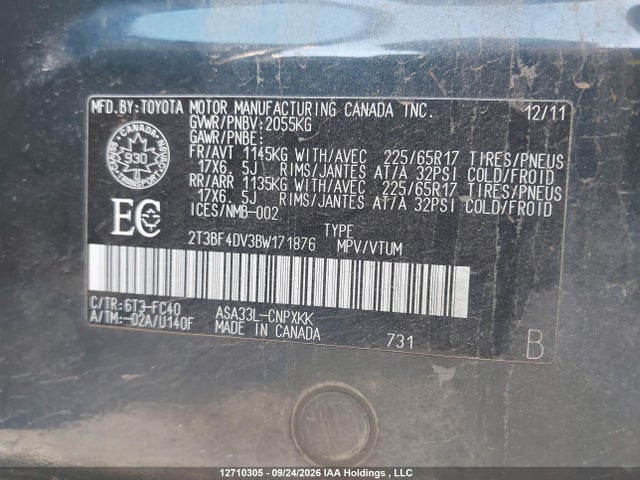 Aukcja sprzedaży 2011 Toyota Rav4, vin: 2T3BF4DV3BW171876, numer aukcji: 12710305