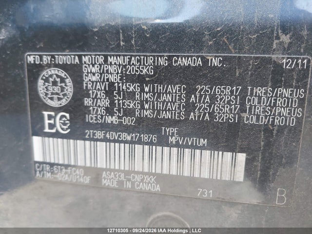 Aukcja sprzedaży 2011 Toyota Rav4, vin: 2T3BF4DV3BW171876, numer aukcji: 12710305