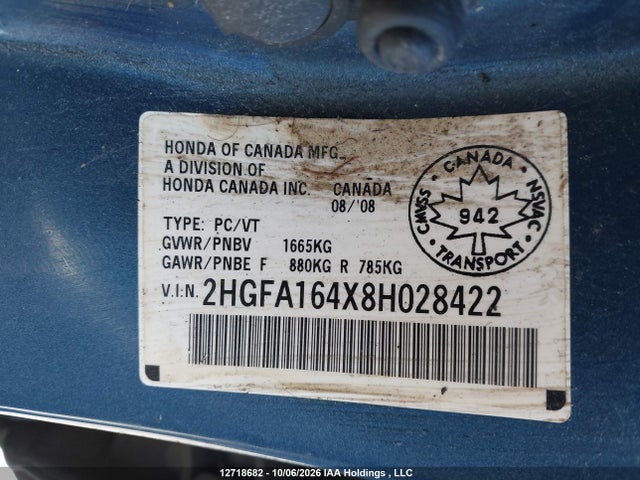 2008 Honda Civic Dx-g მანქანა იყიდება აუქციონზე, vin: 2HGFA164X8H028422, აუქციონის ნომერი: 12718682