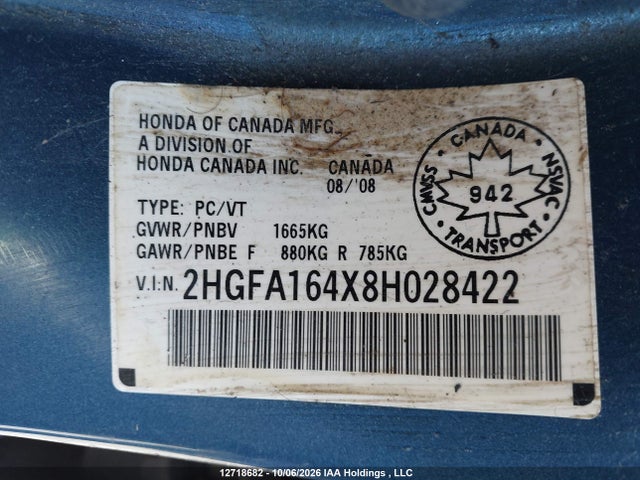 2008 Honda Civic Dx-g მანქანა იყიდება აუქციონზე, vin: 2HGFA164X8H028422, აუქციონის ნომერი: 12718682