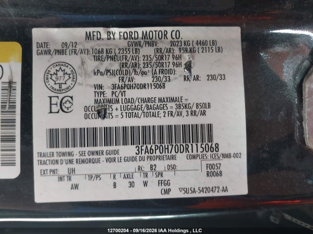 Продаж на аукціоні авто 2013 Ford Fusion Se, vin: 3FA6P0H70DR115068, номер лоту: 12700204