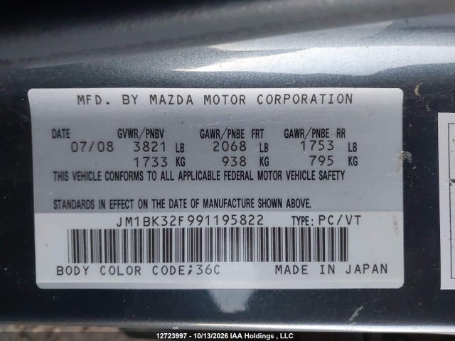 Aukcja sprzedaży 2009 Mazda Mazda3 Gs/gx, vin: JM1BK32F991195822, numer aukcji: 12723997