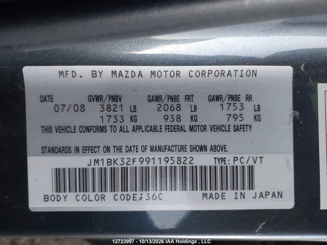 Aukcja sprzedaży 2009 Mazda Mazda3 Gs/gx, vin: JM1BK32F991195822, numer aukcji: 12723997