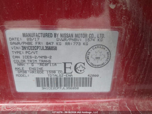 12716276 :رقم المزاد ، 3N1CE2CP7JL356858 vin ، 2018 Nissan Versa Note 1.6 S/1.6 Sr/1.6 Sv مزاد بيع