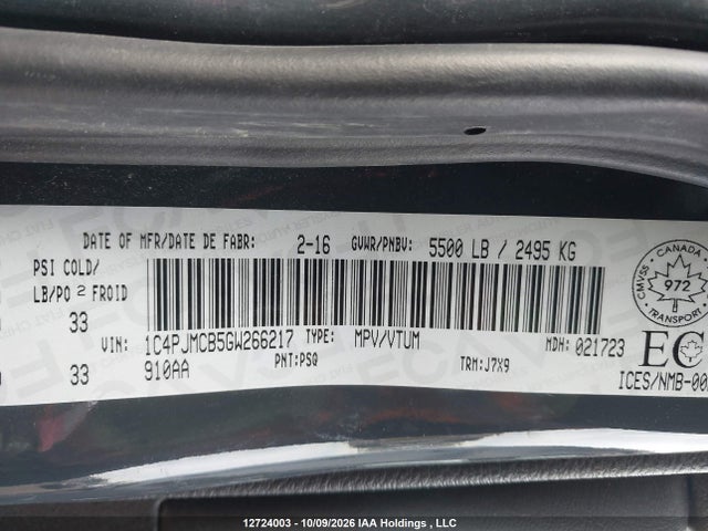 12724003 :رقم المزاد ، 1C4PJMCB5GW266217 vin ، 2016 Jeep Cherokee Latitude مزاد بيع