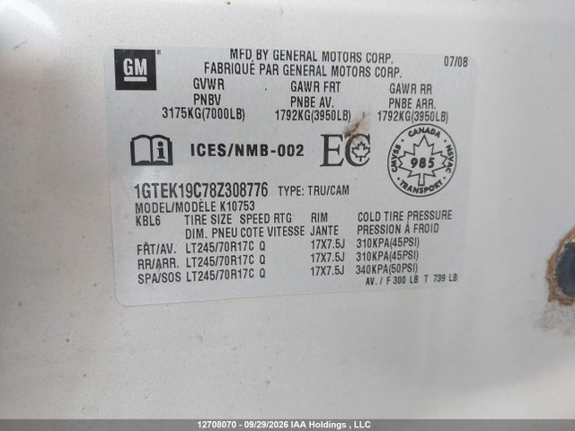 Aukcja sprzedaży 2008 Gmc Sierra 1500 Sl/sle/wt, vin: 1GTEK19C78Z308776, numer aukcji: 12708070