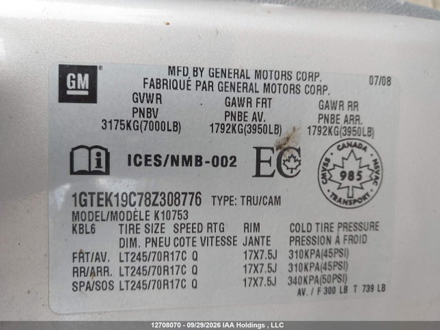 Aukcja sprzedaży 2008 Gmc Sierra 1500 Sl/sle/wt, vin: 1GTEK19C78Z308776, numer aukcji: 12708070