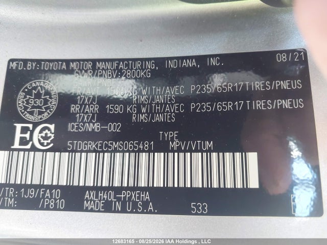 2021 Toyota Sienna Le 8-passenger მანქანა იყიდება აუქციონზე, vin: 5TDGRKEC5MS065481, აუქციონის ნომერი: 12683165
