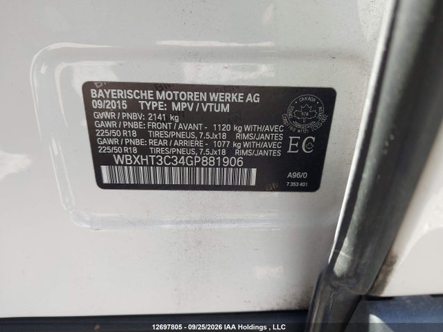 12697805 :رقم المزاد ، WBXHT3C34GP881906 vin ، 2016 Bmw X1 Xdrive28i مزاد بيع