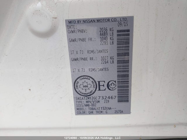 Nissan ROGUE S/SV 2016 5N1AT2MT2GC732467 Image 9