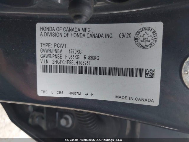 Продаж на аукціоні авто 2020 Honda Civic Touring, vin: 2HGFC1F98LH105951, номер лоту: 12724130