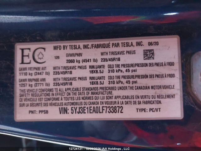5YJ3E1EA0LF733872 Tesla MODEL 3