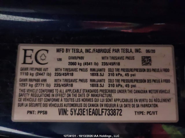 5YJ3E1EA0LF733872 Tesla MODEL 3