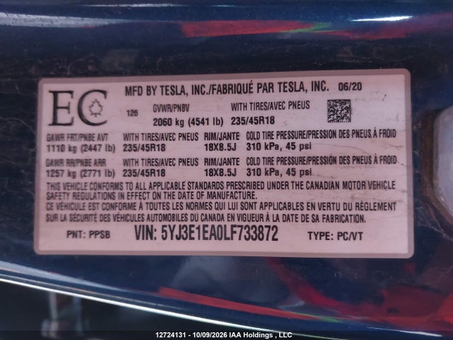 5YJ3E1EA0LF733872 Tesla MODEL 3