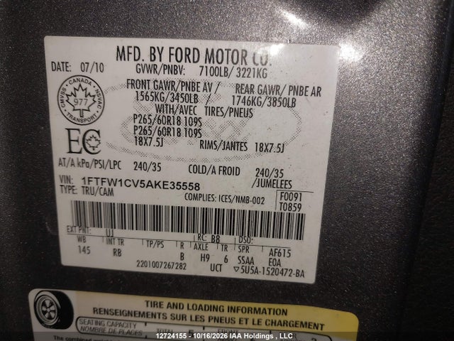 12724155 :رقم المزاد ، 1FTFW1CV5AKE35558 vin ، 2010 Ford F-150 Harley-davidson/lariat/xlt مزاد بيع