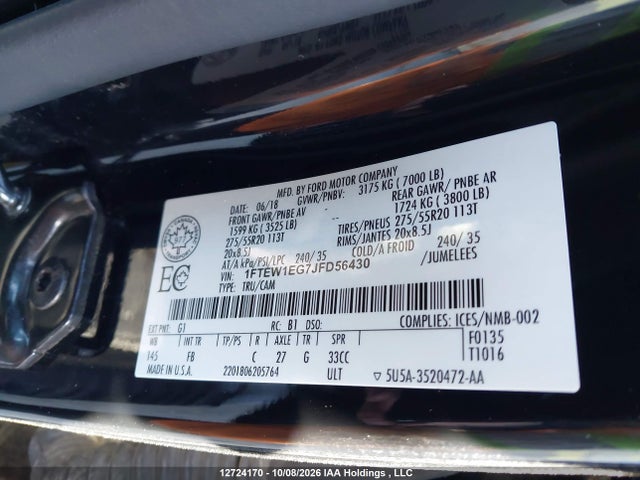 2018 Ford F150 Supercrew მანქანა იყიდება აუქციონზე, vin: 1FTEW1EG7JFD56430, აუქციონის ნომერი: 12724170