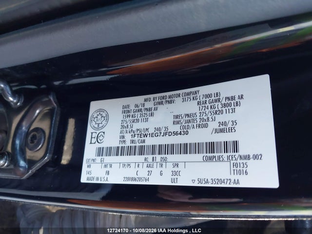 2018 Ford F150 Supercrew მანქანა იყიდება აუქციონზე, vin: 1FTEW1EG7JFD56430, აუქციონის ნომერი: 12724170