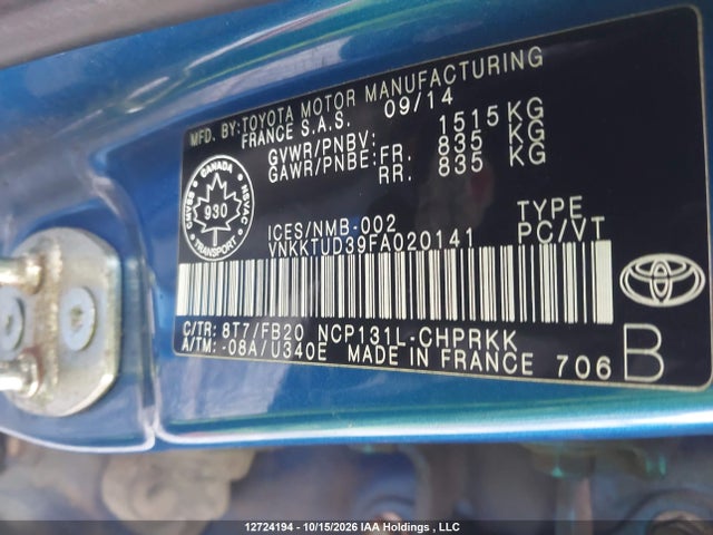 12724194 :رقم المزاد ، VNKKTUD39FA020141 vin ، 2015 Toyota Yaris Le مزاد بيع