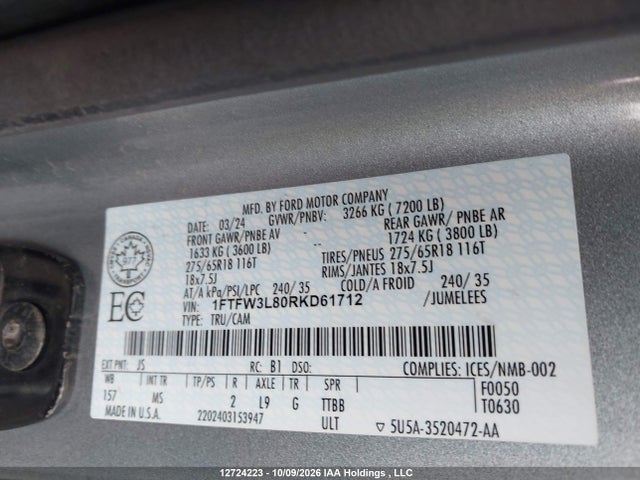 2024 Ford F150 Xlt მანქანა იყიდება აუქციონზე, vin: 1FTFW3L80RKD61712, აუქციონის ნომერი: 12724223
