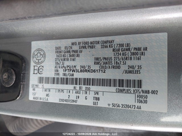 2024 Ford F150 Xlt მანქანა იყიდება აუქციონზე, vin: 1FTFW3L80RKD61712, აუქციონის ნომერი: 12724223