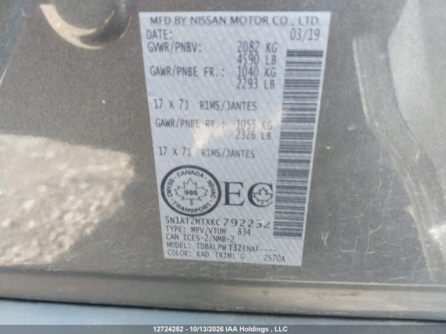 5N1AT2MTXKC792232 Nissan Rogue S/sl/sv