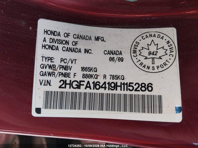 12724282 :رقم المزاد ، 2HGFA16419H115286 vin ، 2009 Honda Civic Dx-g مزاد بيع