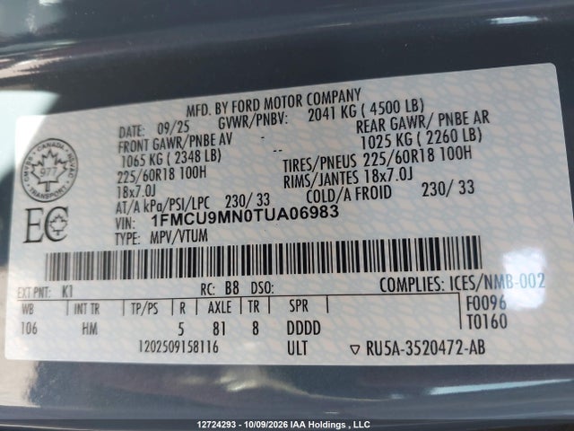 12724293 :رقم المزاد ، 1FMCU9MN0TUA06983 vin ، 2026 Ford Escape St-line مزاد بيع