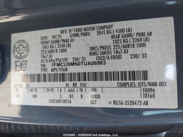 12724293 :رقم المزاد ، 1FMCU9MN0TUA06983 vin ، 2026 Ford Escape St-line مزاد بيع