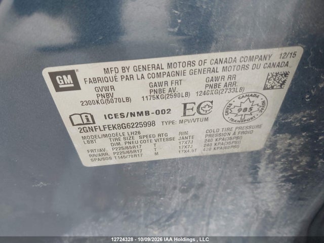 12724328 :رقم المزاد ، 2GNFLFEK8G6225998 vin ، 2016 Chevrolet Equinox 1lt مزاد بيع