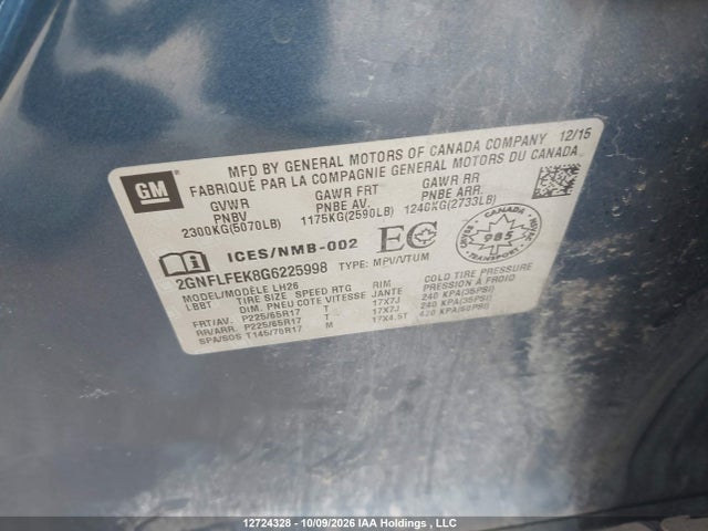 12724328 :رقم المزاد ، 2GNFLFEK8G6225998 vin ، 2016 Chevrolet Equinox 1lt مزاد بيع