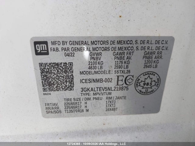 Продажа на аукционе авто 2022 Gmc Terrain Sle, vin: 3GKALTEV5NL219875, номер лота: 12724365