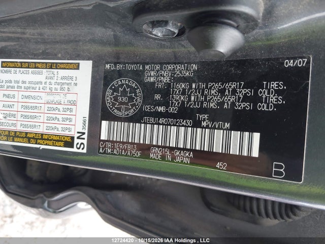 Продаж на аукціоні авто 2007 Toyota 4runner Sr5/sport, vin: JTEBU14R070123430, номер лоту: 12724420