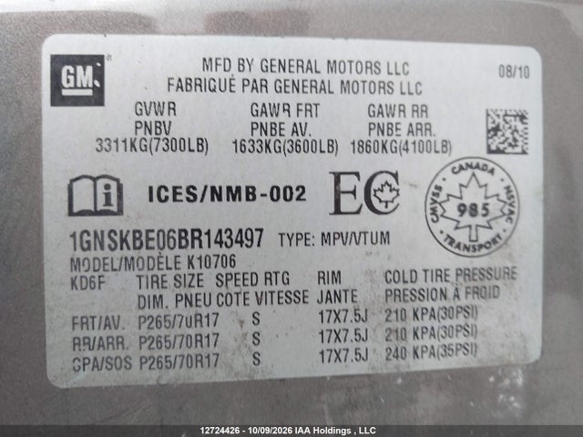Продаж на аукціоні авто 2011 Chevrolet Tahoe Lt, vin: 1GNSKBE06BR143497, номер лоту: 12724426
