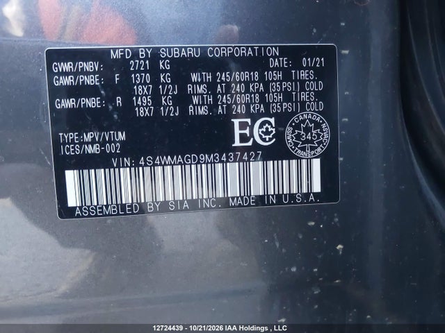 12724439 :رقم المزاد ، 4S4WMAGD9M3437427 vin ، 2021 Subaru Ascent Touring مزاد بيع