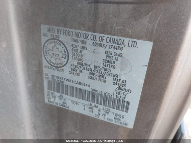 2001 Ford F-150 მანქანა იყიდება აუქციონზე, vin: 2FTRX17W81CA05444, აუქციონის ნომერი: 12724456