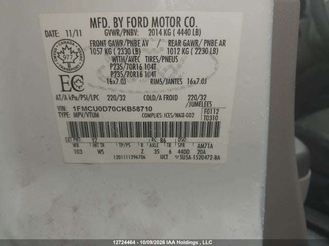 12724464 :رقم المزاد ، 1FMCU0D70CKB58710 vin ، 2012 Ford Escape Xlt مزاد بيع
