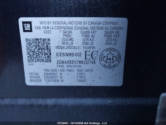 12724481 :رقم المزاد ، 2GNAXSEV7M6157769 vin ، 2021 Chevrolet Equinox Ls مزاد بيع