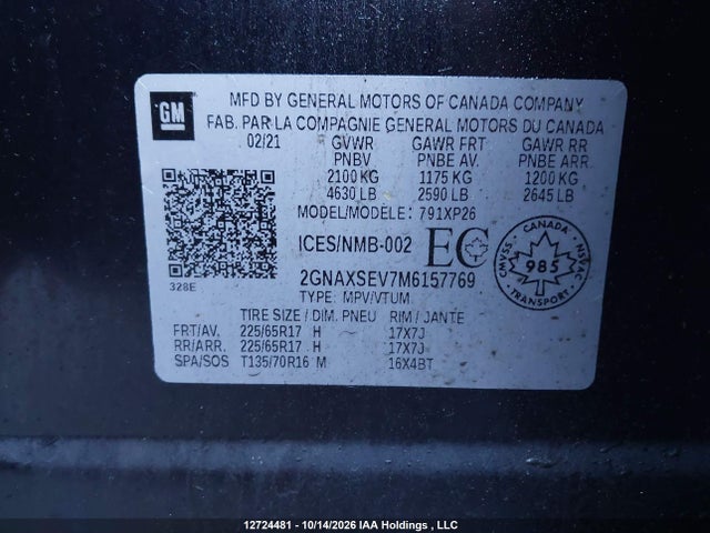 12724481 :رقم المزاد ، 2GNAXSEV7M6157769 vin ، 2021 Chevrolet Equinox Ls مزاد بيع