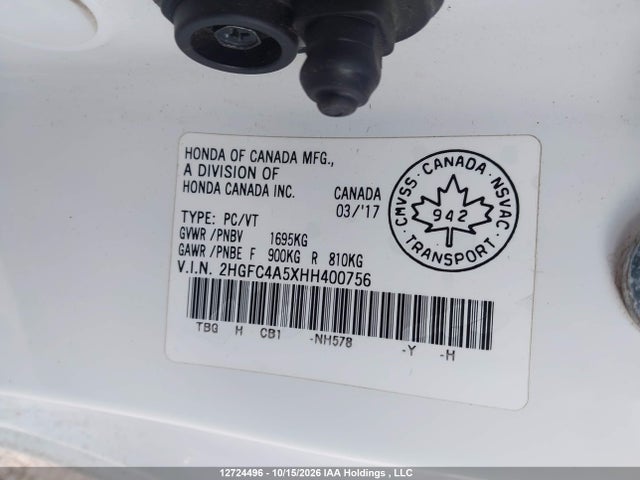 12724496 :رقم المزاد ، 2HGFC4A5XHH400756 vin ، 2017 Honda Civic Lx مزاد بيع
