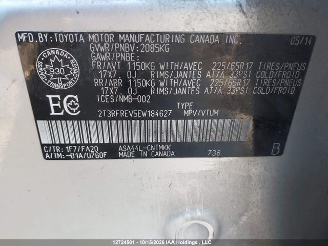 12724501 :رقم المزاد ، 2T3RFREV5EW184627 vin ، 2014 Toyota Rav4 Xle مزاد بيع