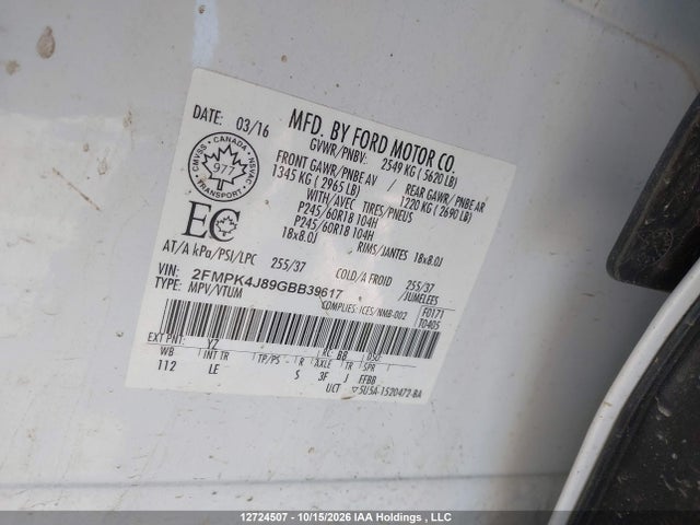 2016 Ford Edge მანქანა იყიდება აუქციონზე, vin: 2FMPK4J89GBB39617, აუქციონის ნომერი: 12724507