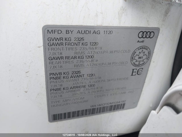 12724515 :رقم المزاد ، WA1AECF32M1054192 vin ، 2021 Audi Q3 Komfort 45 مزاد بيع