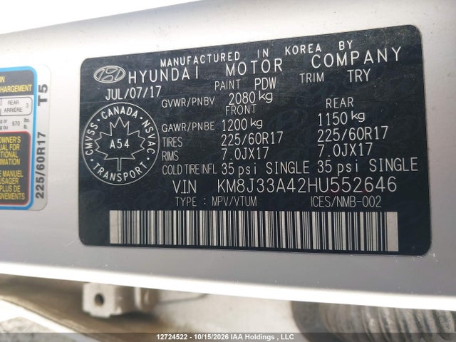 Продажа на аукционе авто 2017 Hyundai Tucson Premium, vin: KM8J33A42HU552646, номер лота: 12724522