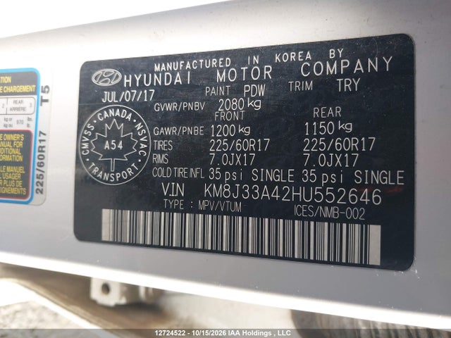 Продажа на аукционе авто 2017 Hyundai Tucson Premium, vin: KM8J33A42HU552646, номер лота: 12724522