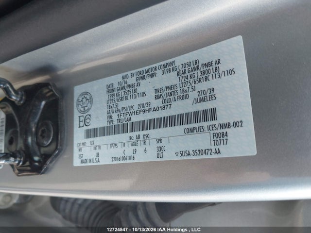 Продажа на аукционе авто 2017 Ford F-150 Xlt, vin: 1FTFW1EF9HFA01877, номер лота: 12724547