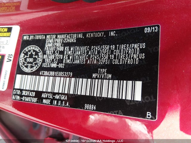 4T3BA3BB1EU053279 Toyota Venza