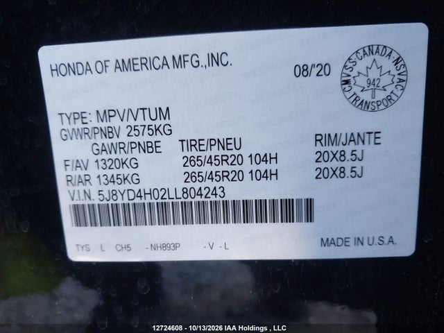 Продажа на аукционе авто 2020 Acura Mdx A-spec, vin: 5J8YD4H02LL804243, номер лота: 12724608
